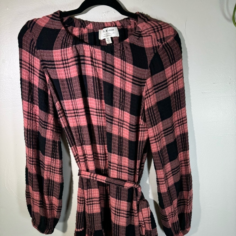 Anthropologie Cloth&Stone Plaid Daia Belted Tier Mini Dress Raglan Long Sleeves - Picture 4 of 16